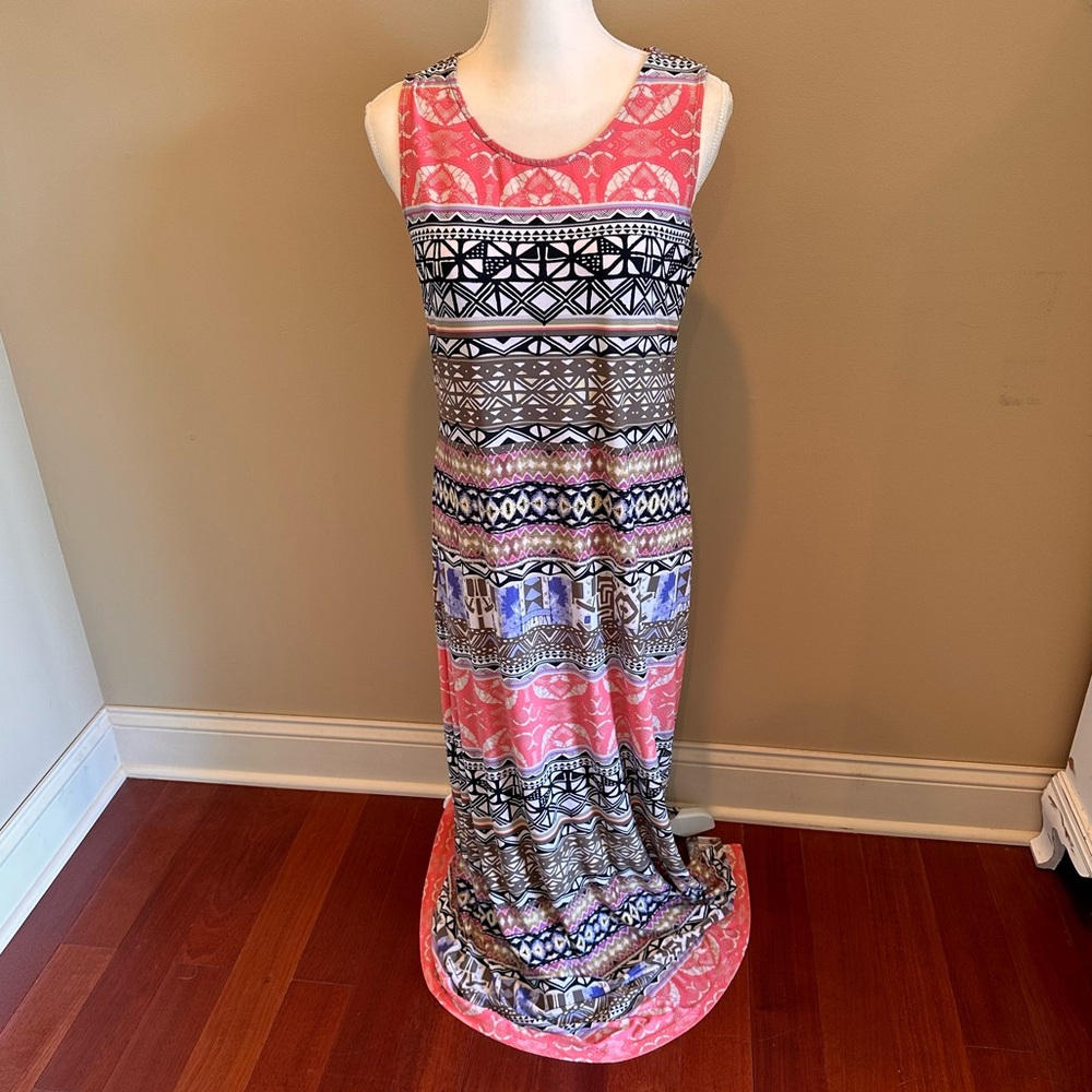 Chicos Multi Print Embellished Maxi Dress Size 1